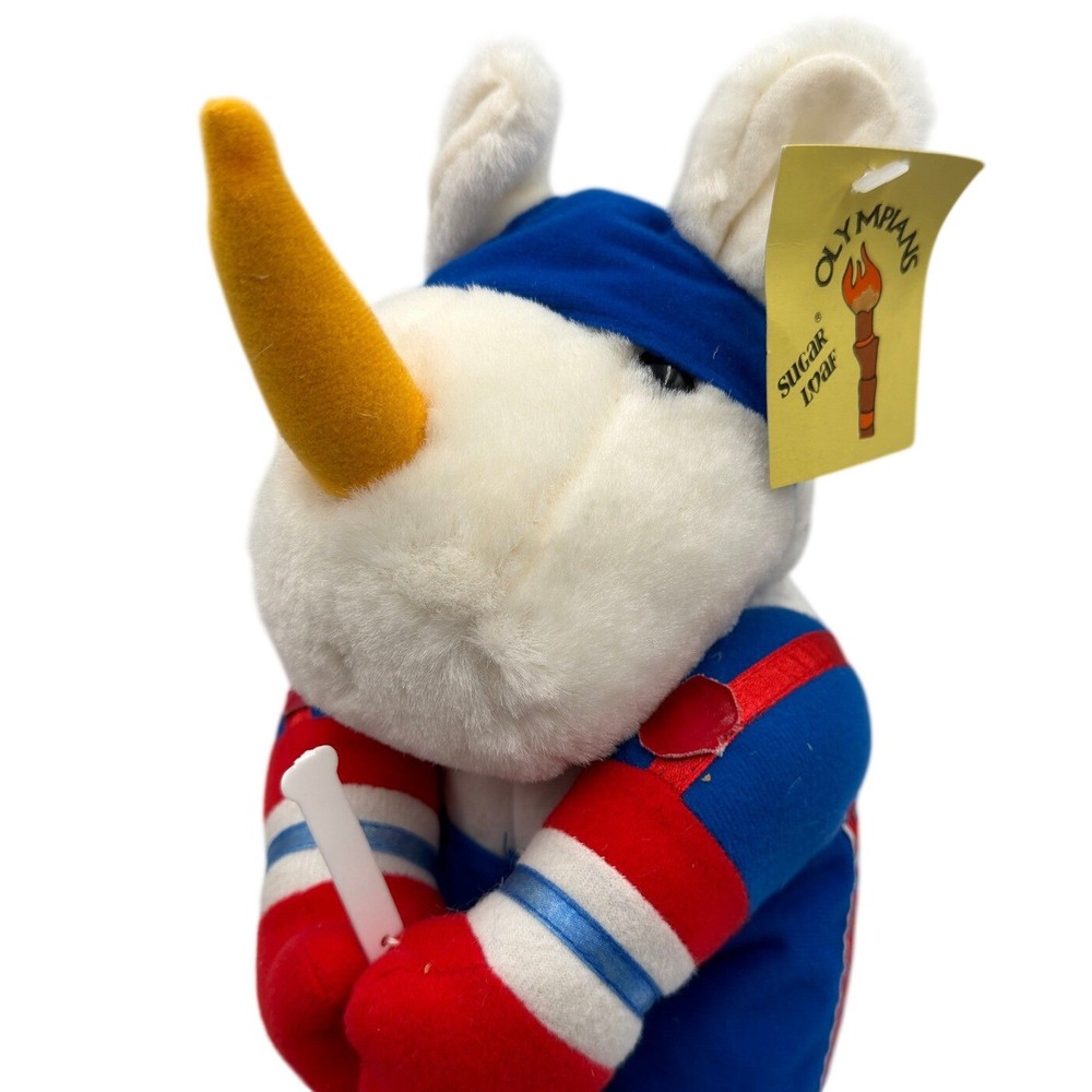 Vintage Sugar Loaf Olympians White Rhino Hockey Player Plush Stuffed Animal Toy